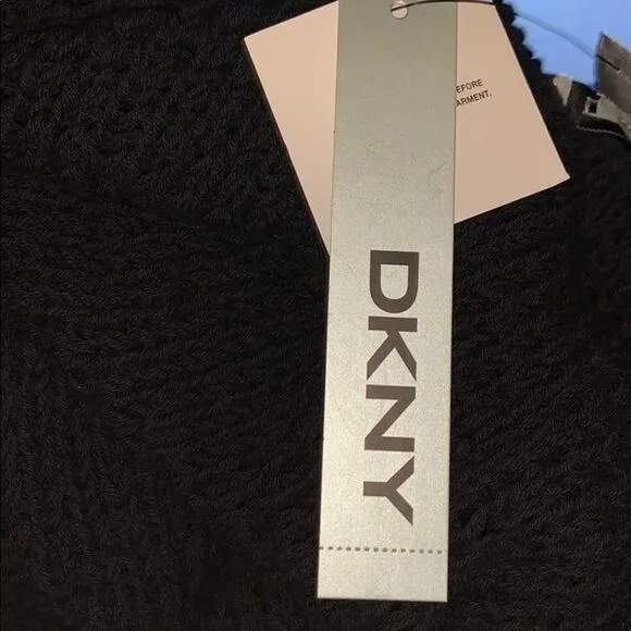 NWT DKNY Black Fringe Loose Knit Cardigan Sleeveless Sweater Sz M