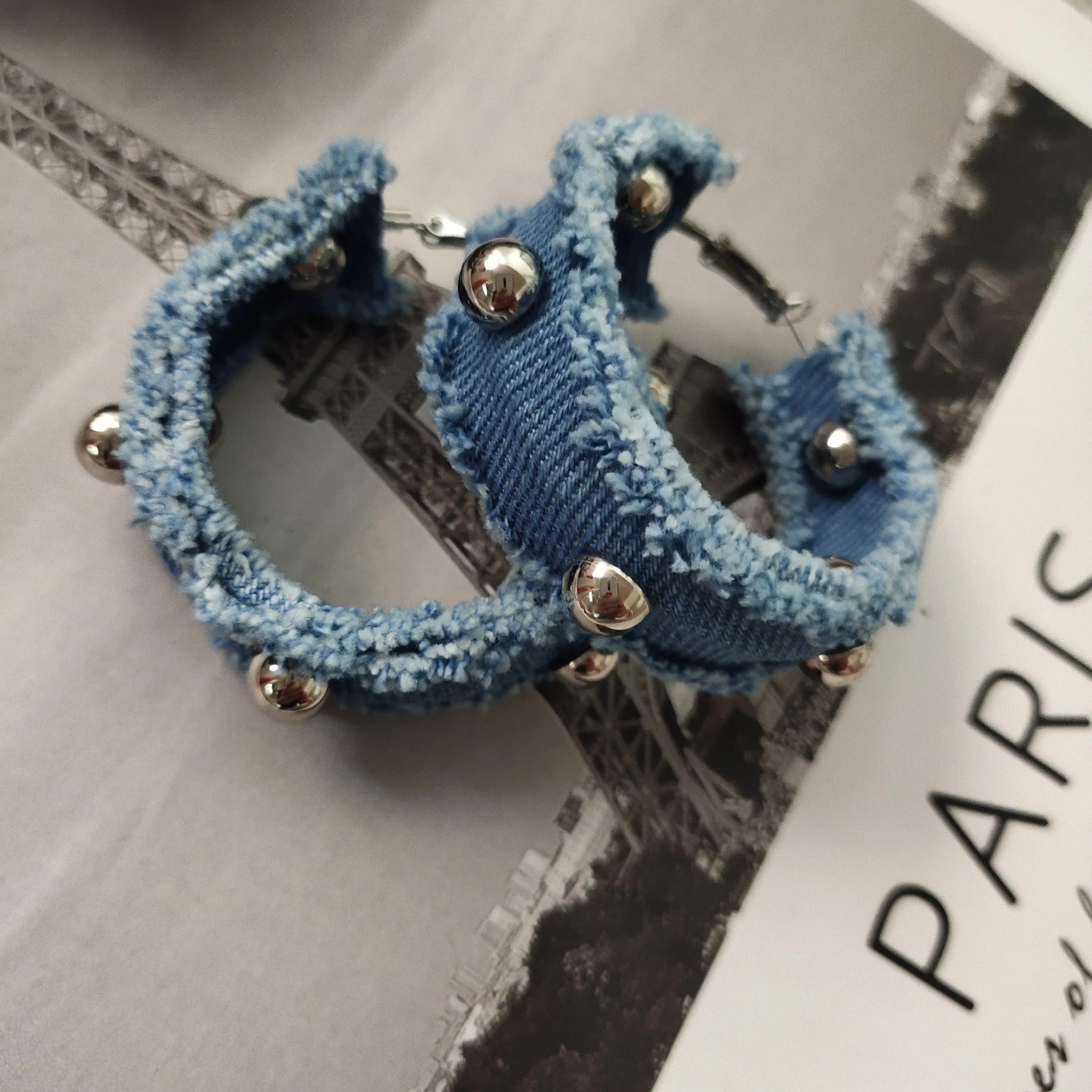Original Denim Hoop Earrings Design Denim and Silver Ball Accents - Stylish, Minimalist for Casual Wear, Trendy Outfits, Daily Wear, Ideal for Adding a Chic and Lightweight Touch to Your Look for Women