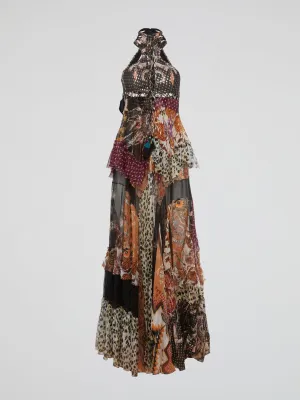 Panel Print Halter Maxi Dress