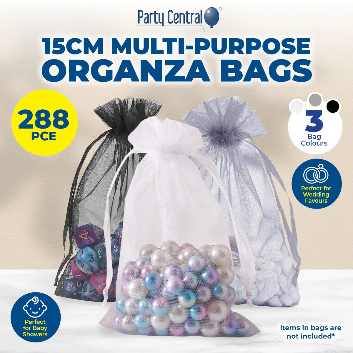 Party Central 288PCE Organza Bags Assorted Colours Multipurpose 15 x 9.5cm