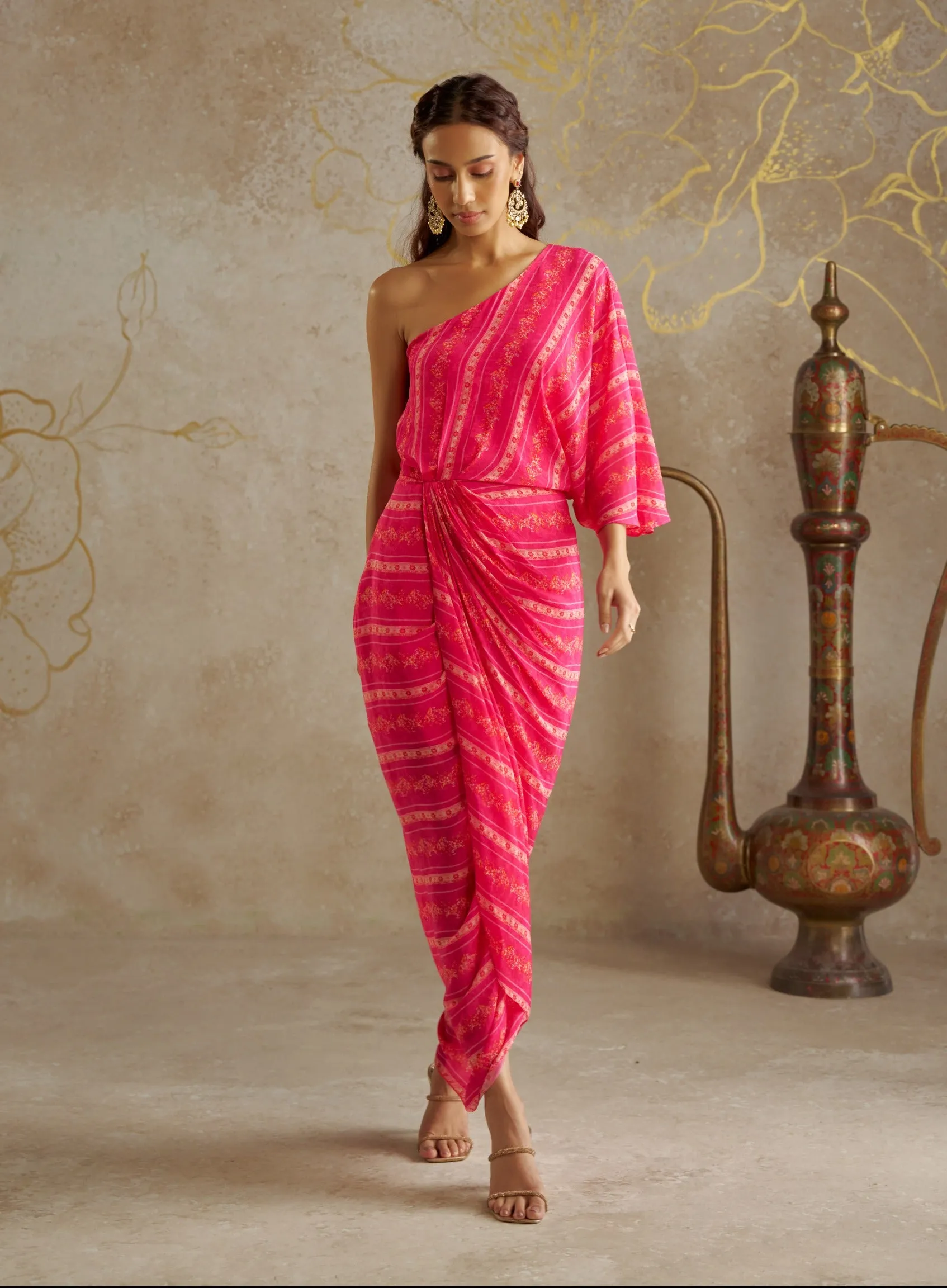 Pink vine one-shoulder dress