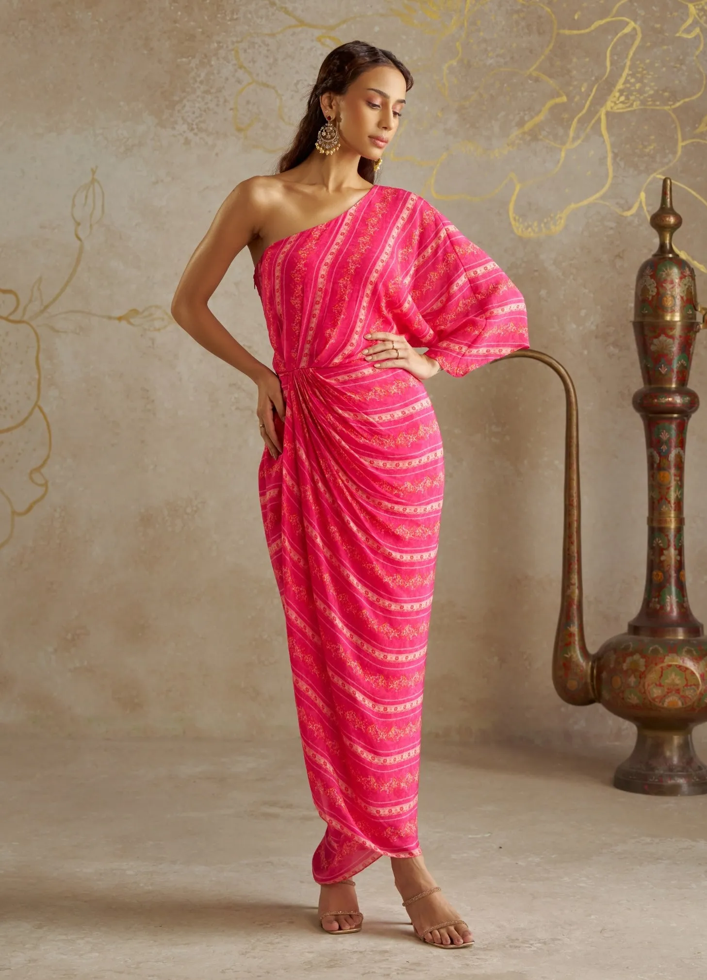 Pink vine one-shoulder dress