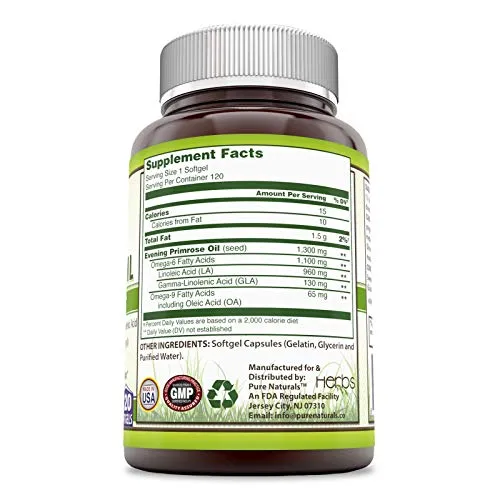 Pure Naturals Aceite de Onagra con 10% Gla, 1300 mg, 120 °Cápsulas de Gel