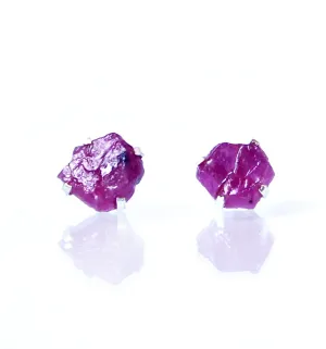 Raw Ruby Earrings Set in 925 Sterling Silver Studs