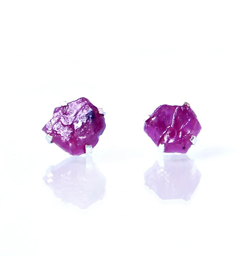 Raw Ruby Earrings Set in 925 Sterling Silver Studs