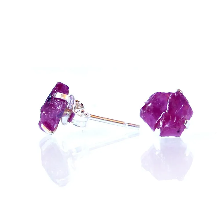 Raw Ruby Earrings Set in 925 Sterling Silver Studs