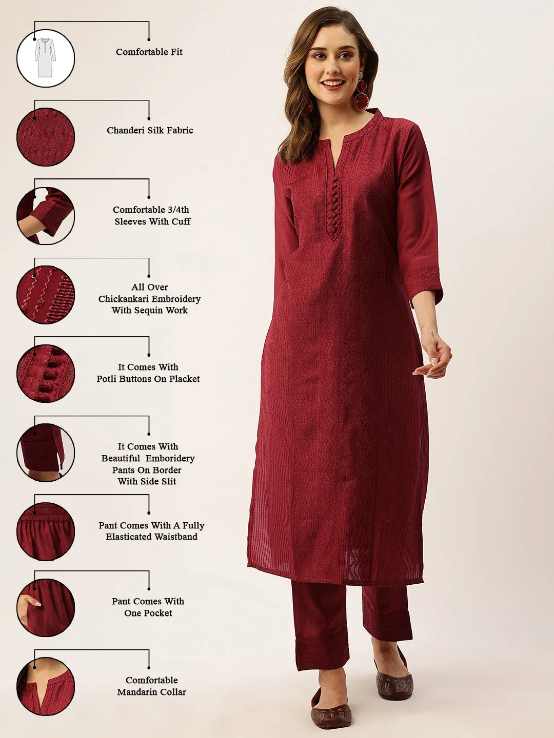 Red Chikankari Kurta Set  - Chanderi Silk Fabric Chikankari Embroidery Red Kurta Set For Women