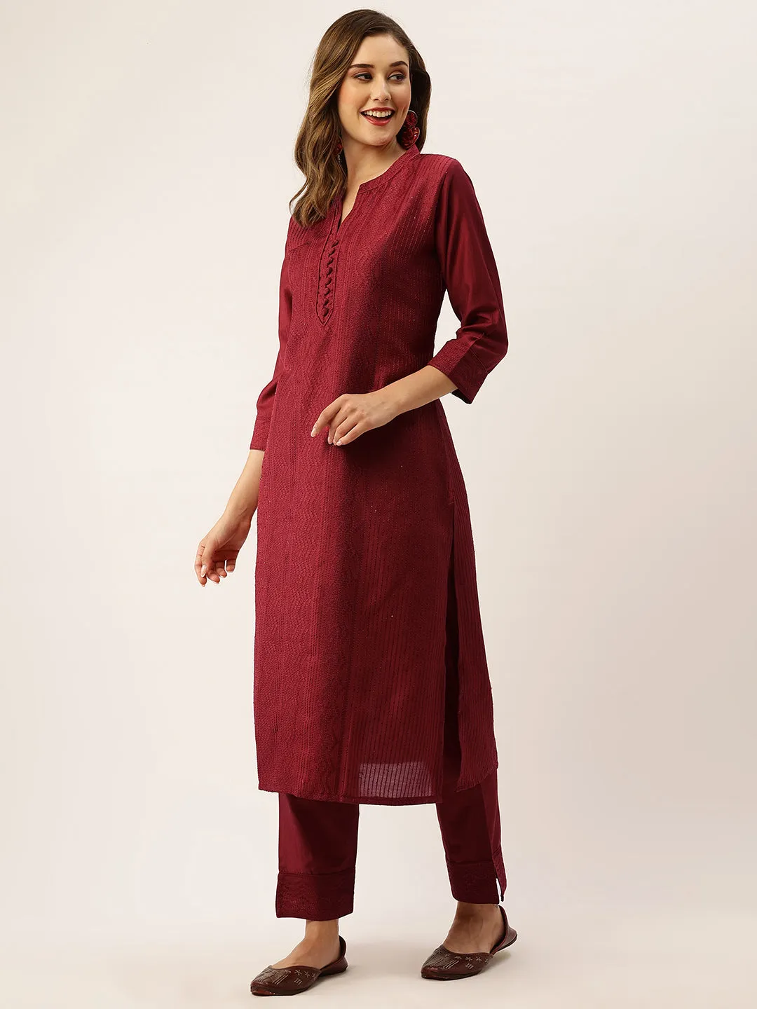 Red Chikankari Kurta Set  - Chanderi Silk Fabric Chikankari Embroidery Red Kurta Set For Women