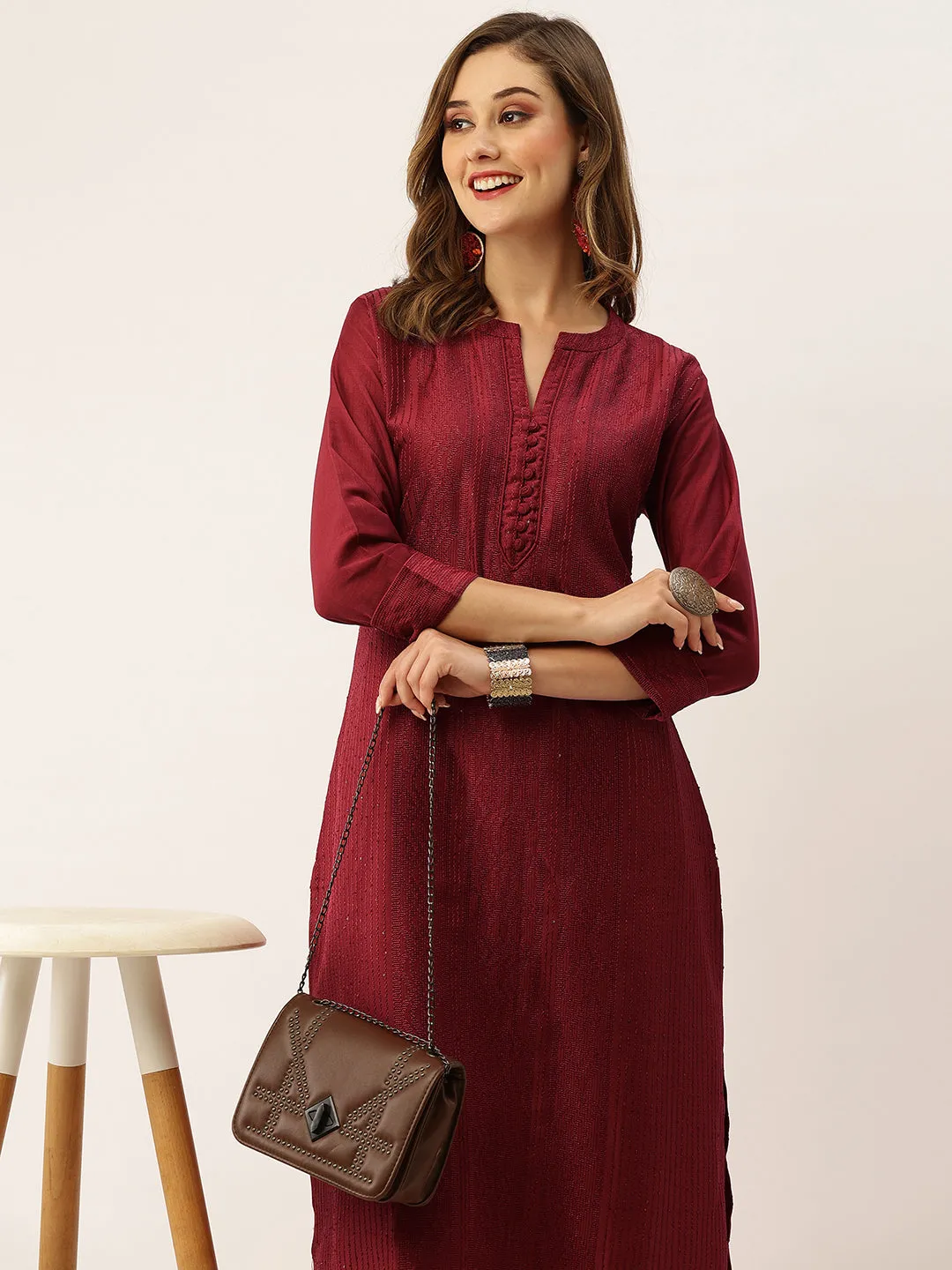 Red Chikankari Kurta Set  - Chanderi Silk Fabric Chikankari Embroidery Red Kurta Set For Women