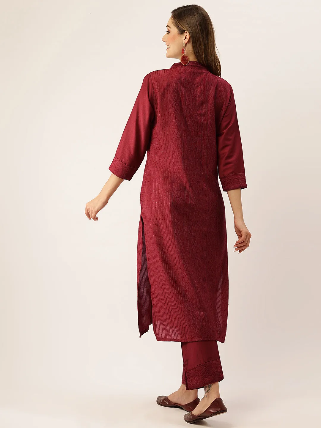 Red Chikankari Kurta Set  - Chanderi Silk Fabric Chikankari Embroidery Red Kurta Set For Women