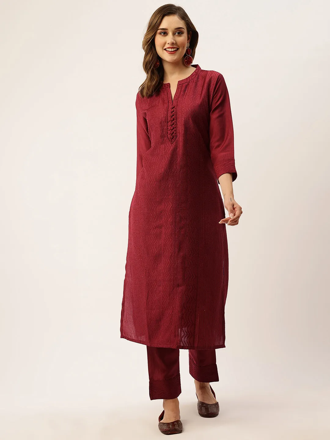 Red Chikankari Kurta Set  - Chanderi Silk Fabric Chikankari Embroidery Red Kurta Set For Women