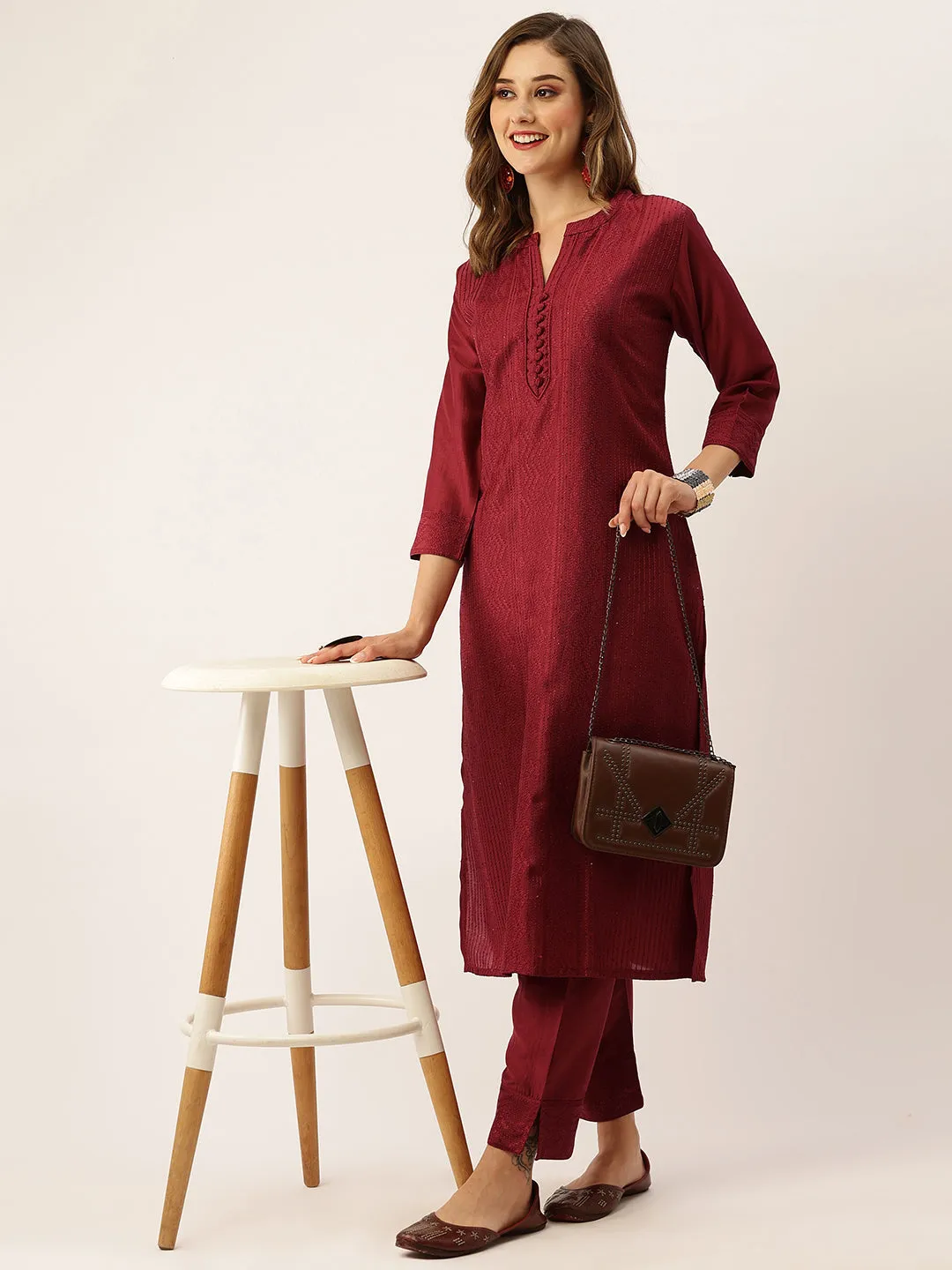 Red Chikankari Kurta Set  - Chanderi Silk Fabric Chikankari Embroidery Red Kurta Set For Women