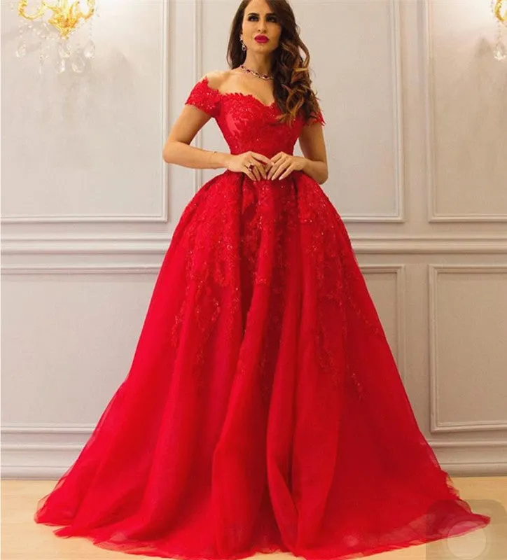 red detachable train evening dresses long off the shoulder short sleeve lace appliqué beaded evening gowns vestido longo