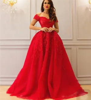 red detachable train evening dresses long off the shoulder short sleeve lace appliqué beaded evening gowns vestido longo