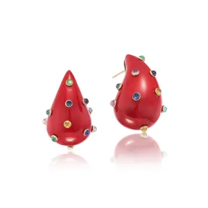 Red Tear Drop Earrings with Studded Gemstones