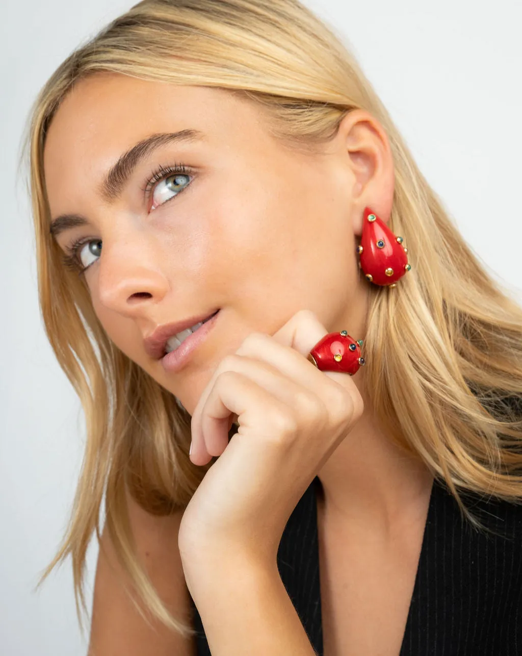 Red Tear Drop Earrings with Studded Gemstones