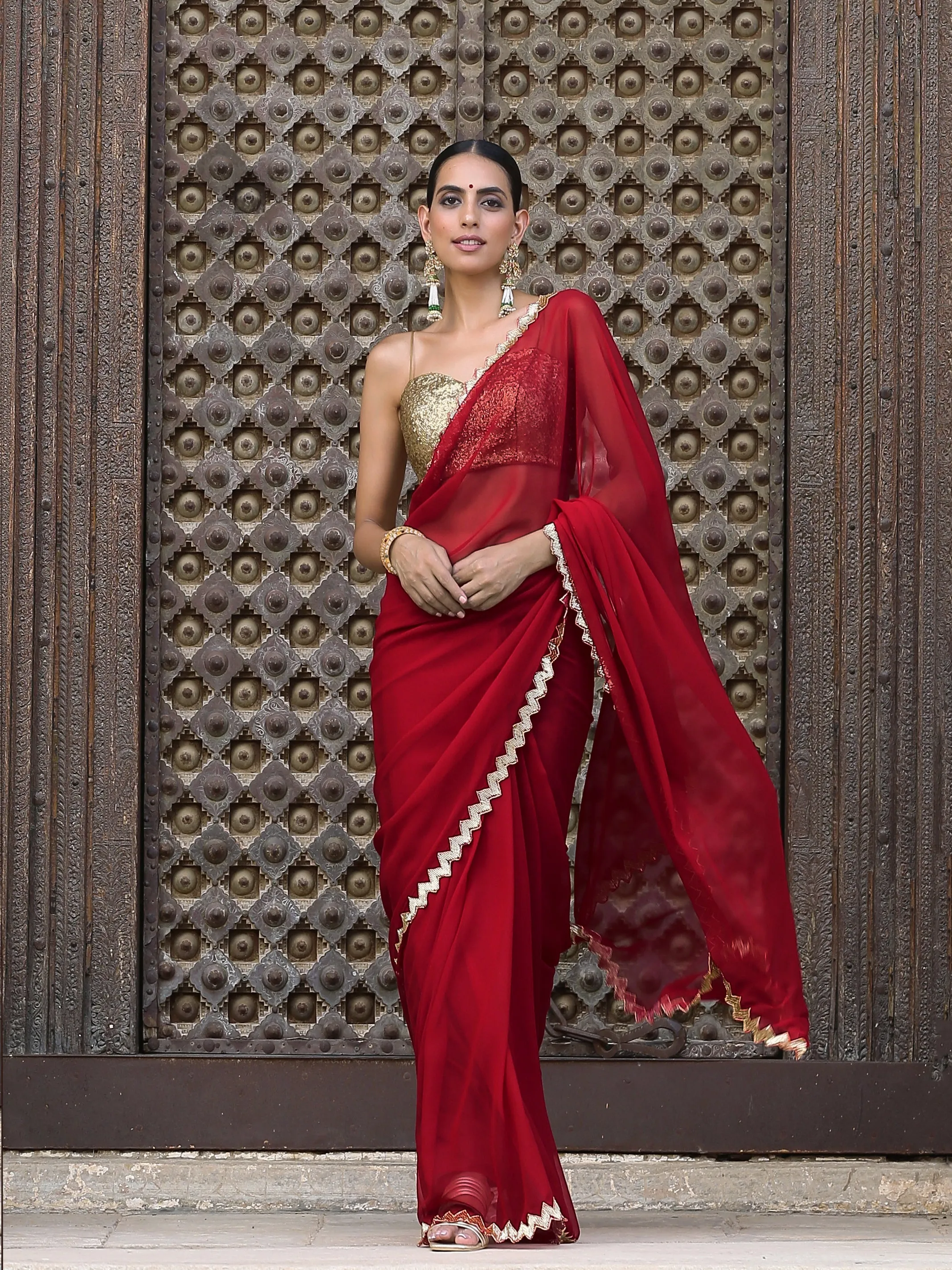 Regal Red Sequin Saree with Blouse Fabric
