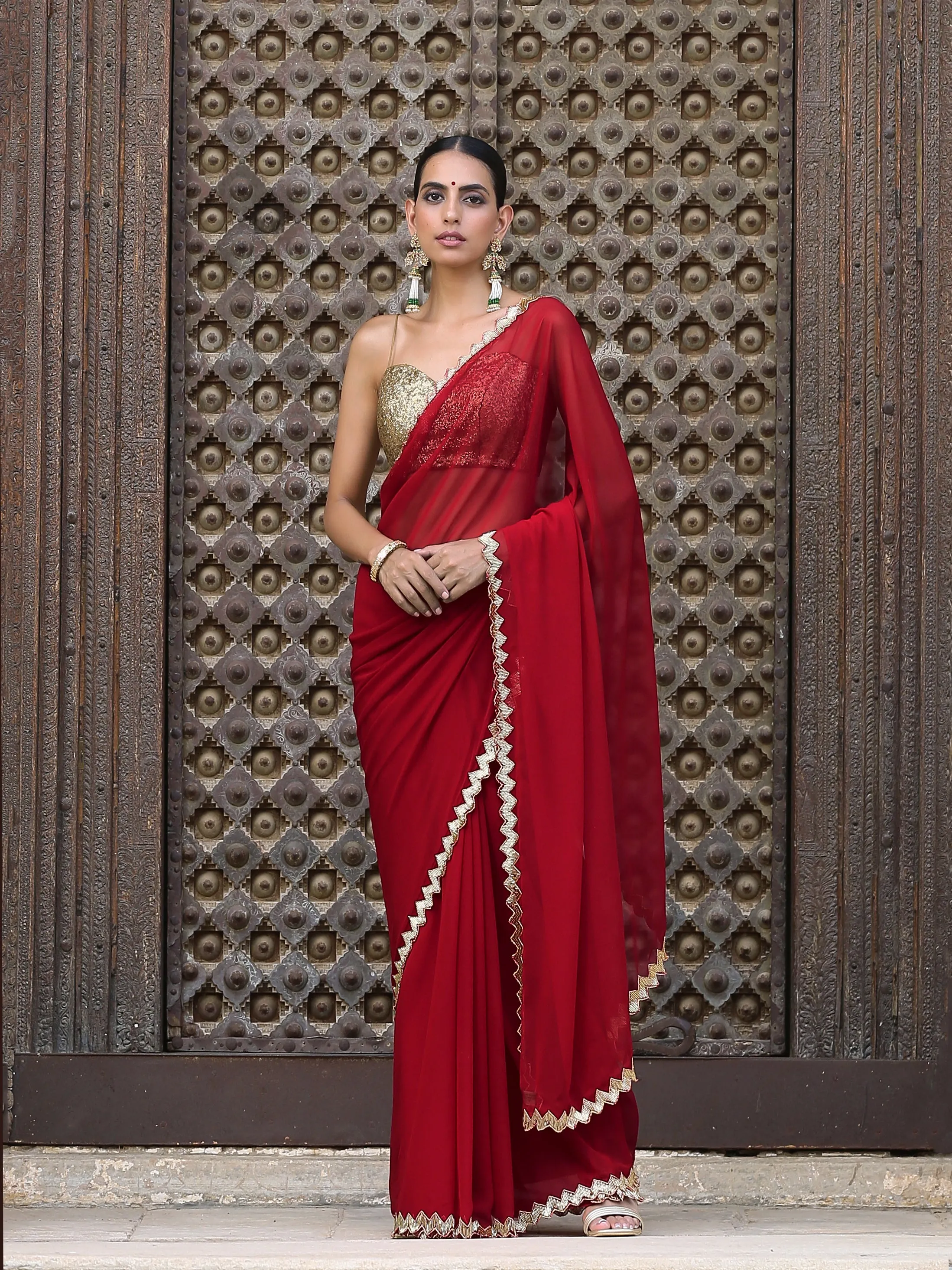 Regal Red Sequin Saree with Blouse Fabric