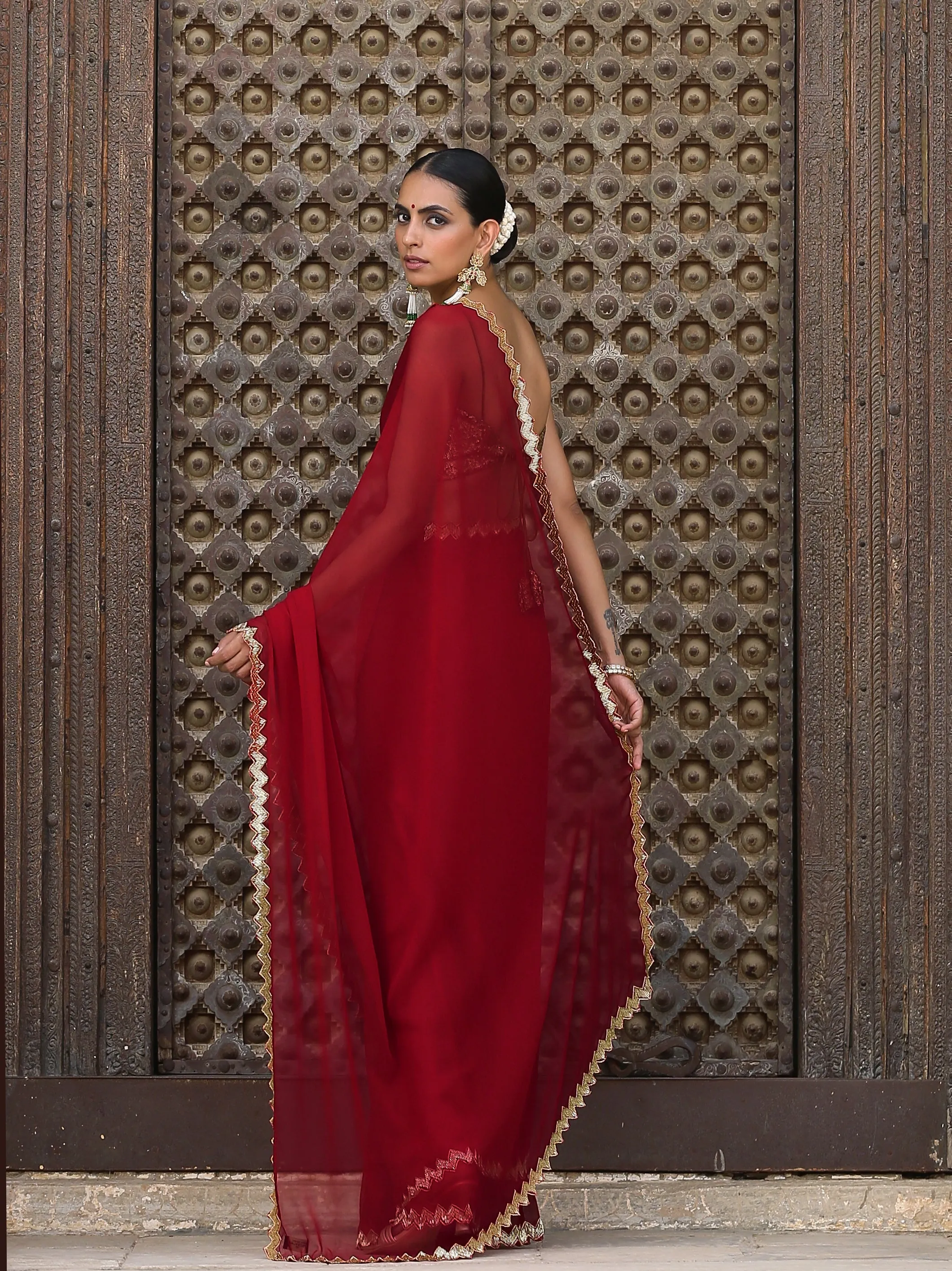 Regal Red Sequin Saree with Blouse Fabric