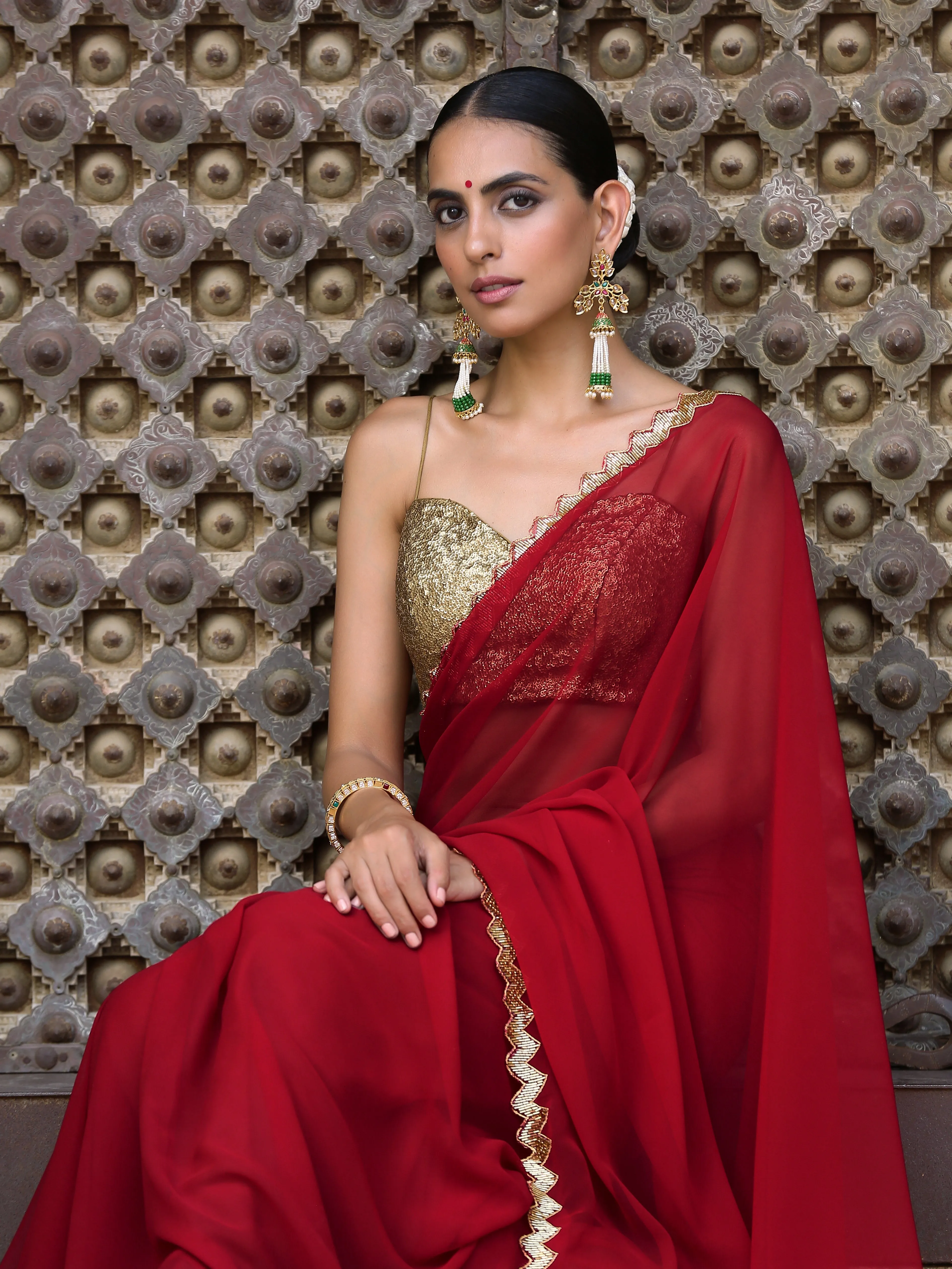 Regal Red Sequin Saree with Blouse Fabric