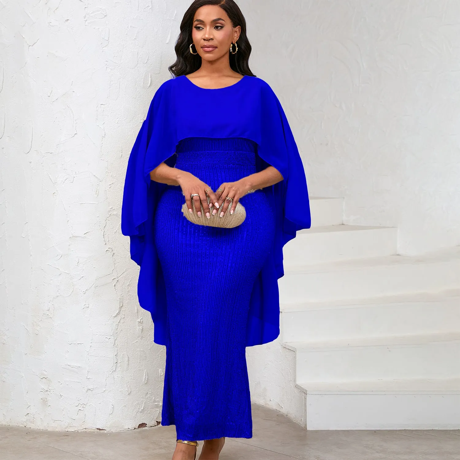 Regal Sequined Bodycon Evening Gown With Flowing Chiffon Cape