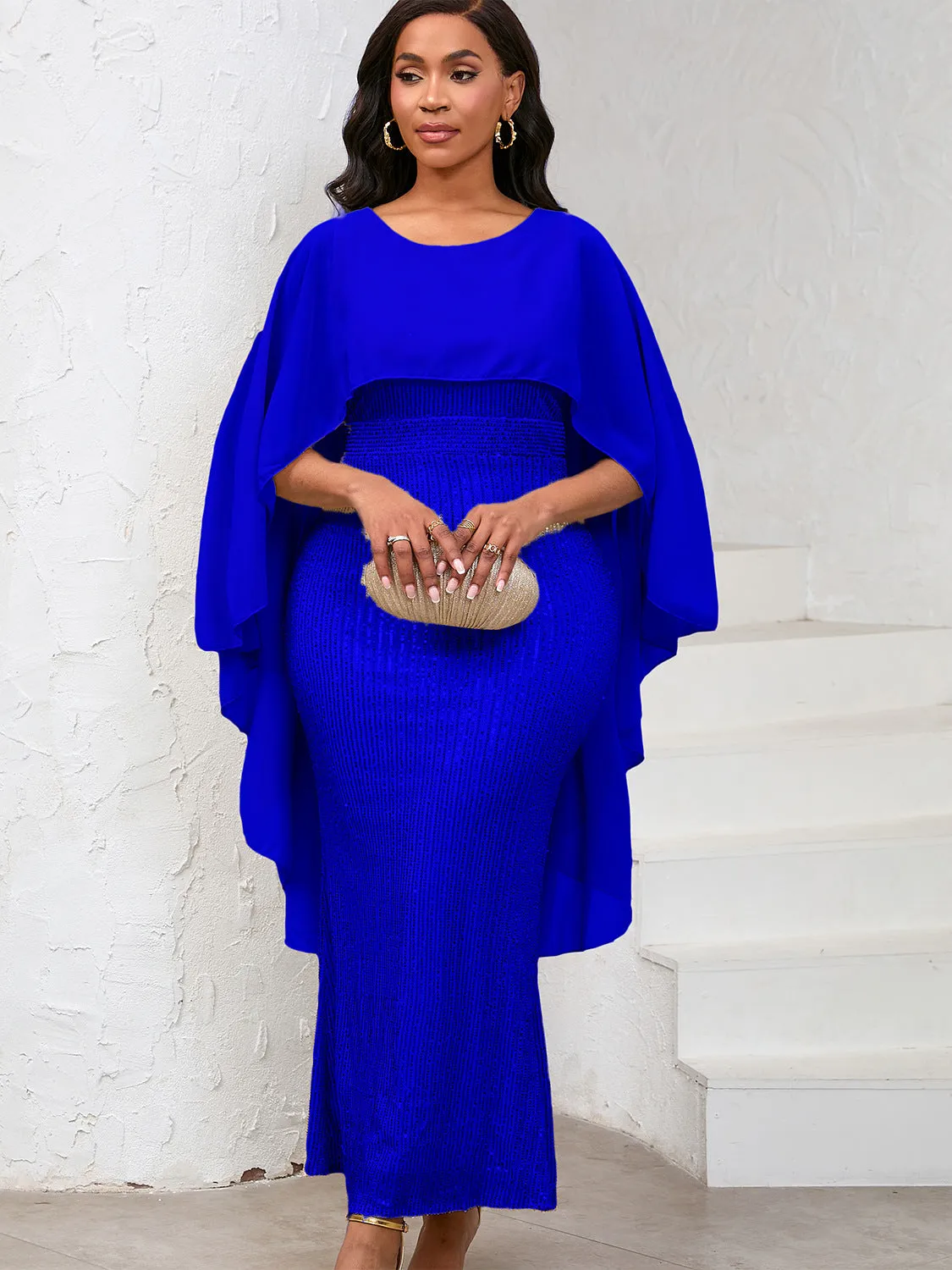 Regal Sequined Bodycon Evening Gown With Flowing Chiffon Cape