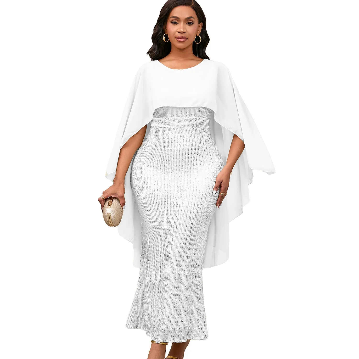 Regal Sequined Bodycon Evening Gown With Flowing Chiffon Cape