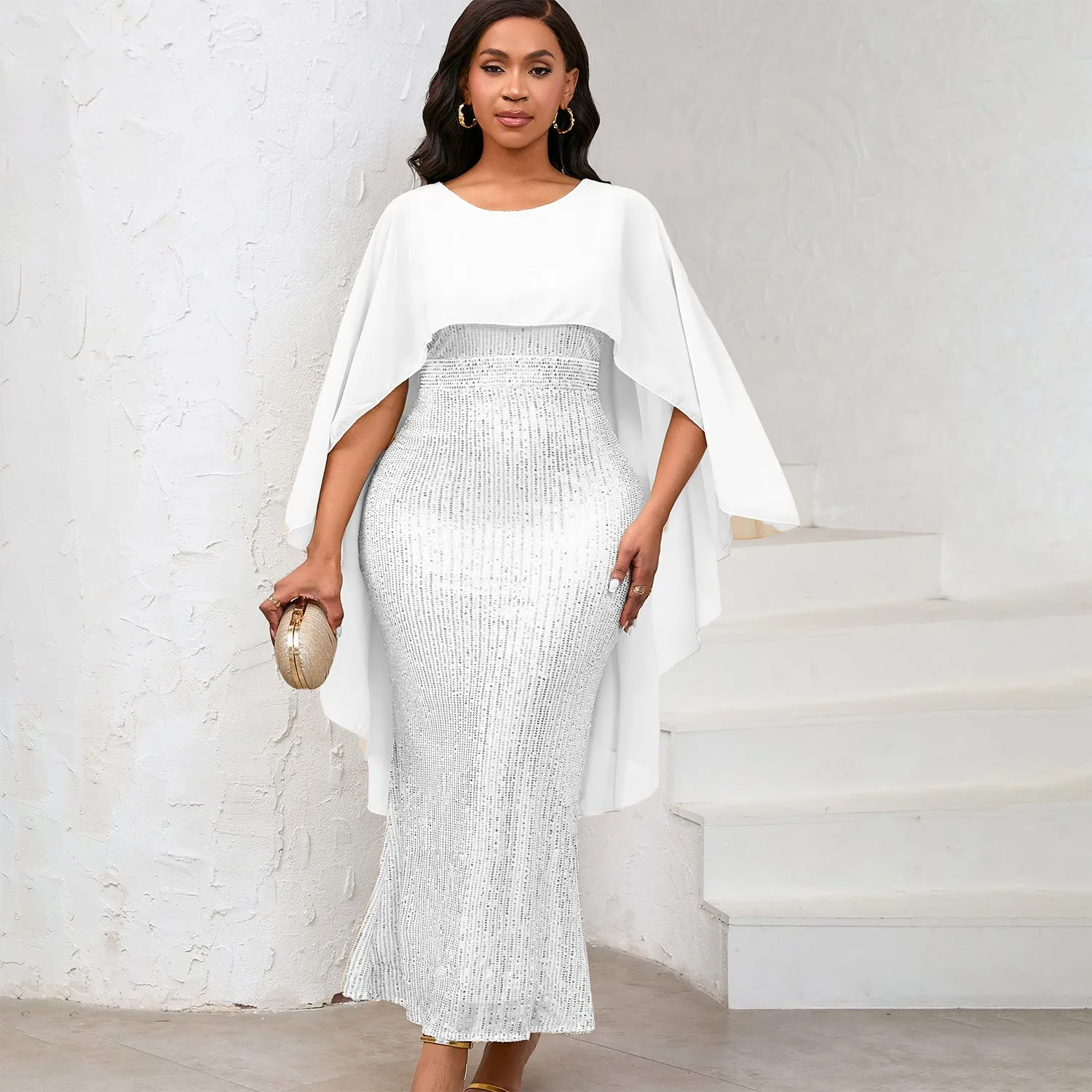 Regal Sequined Bodycon Evening Gown With Flowing Chiffon Cape