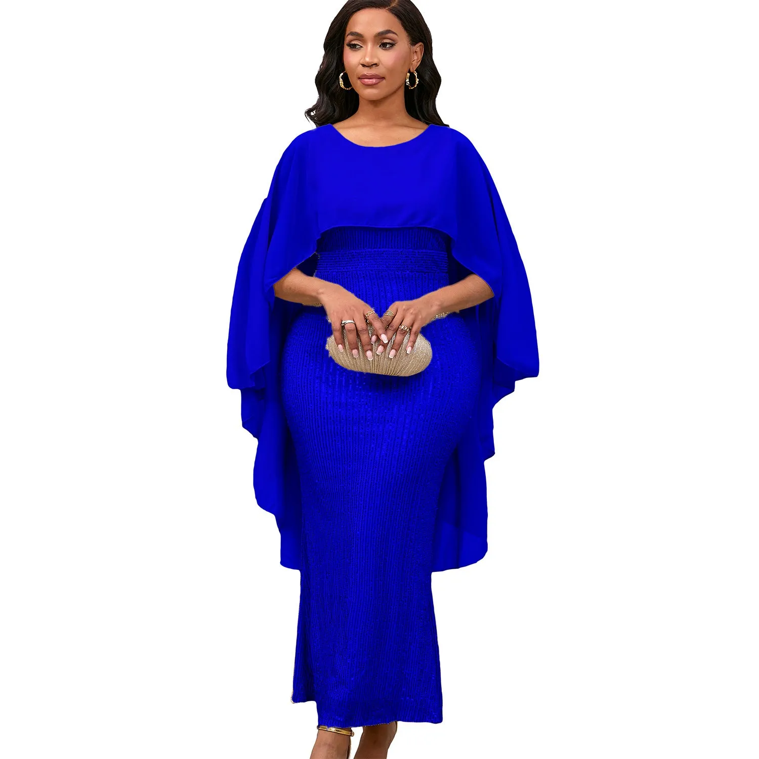 Regal Sequined Bodycon Evening Gown With Flowing Chiffon Cape