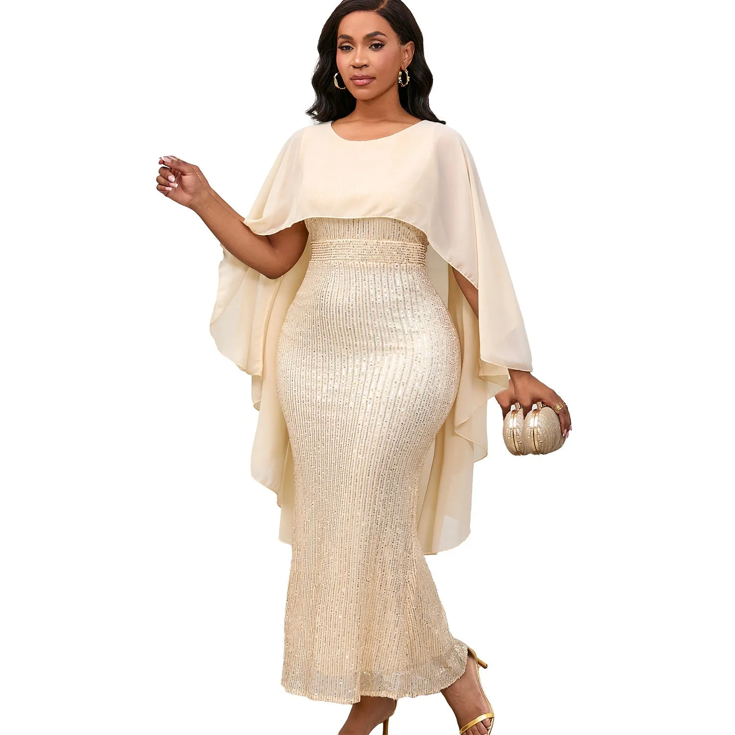 Regal Sequined Bodycon Evening Gown With Flowing Chiffon Cape
