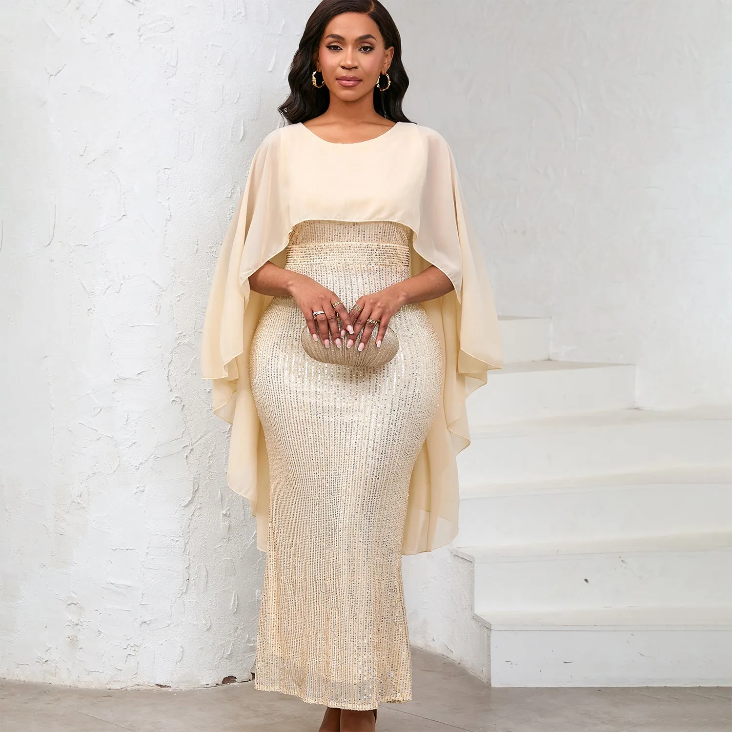 Regal Sequined Bodycon Evening Gown With Flowing Chiffon Cape