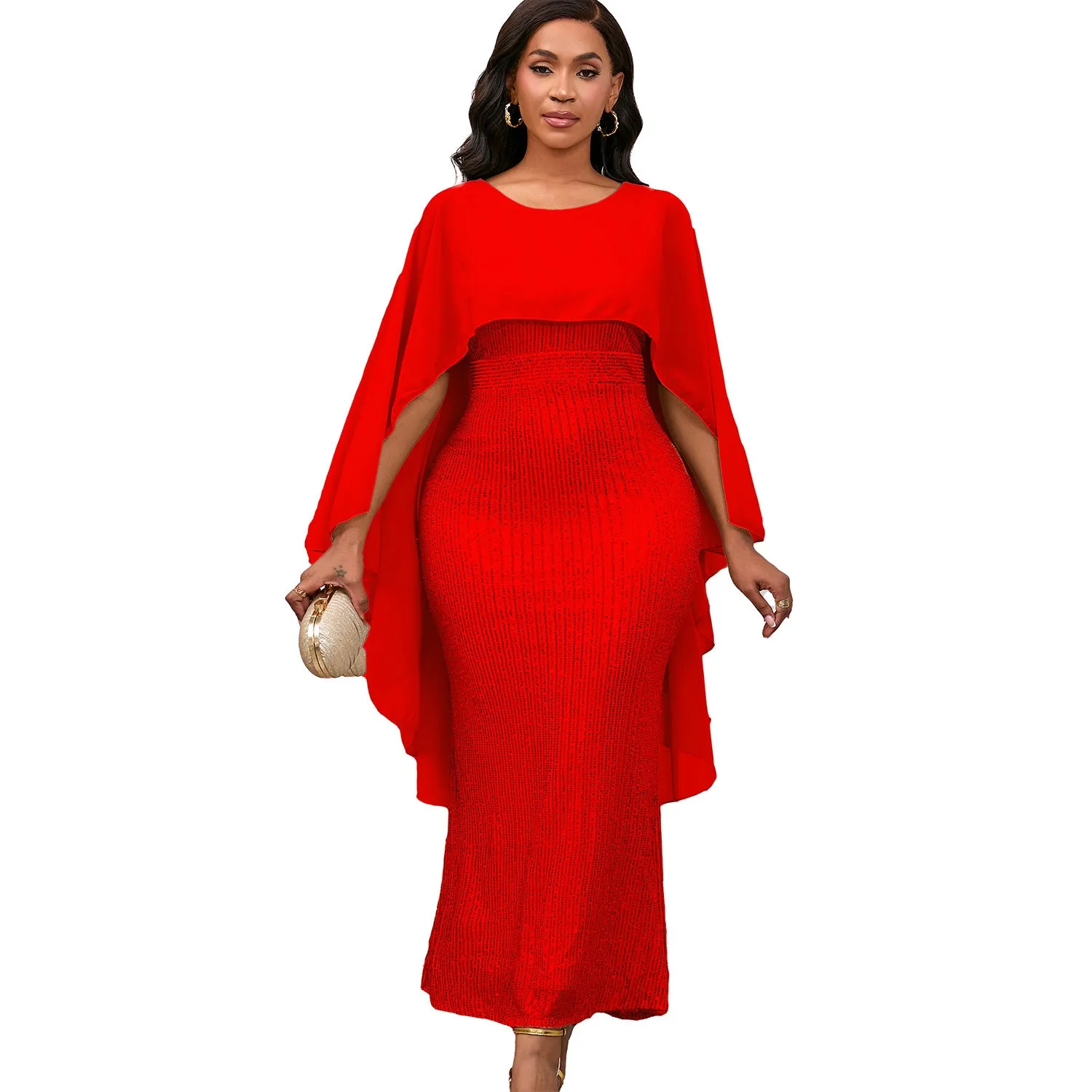 Regal Sequined Bodycon Evening Gown With Flowing Chiffon Cape
