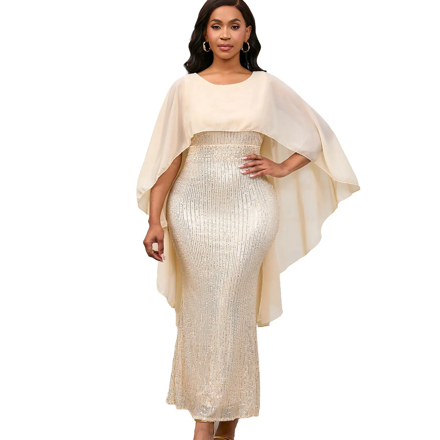 Regal Sequined Bodycon Evening Gown With Flowing Chiffon Cape