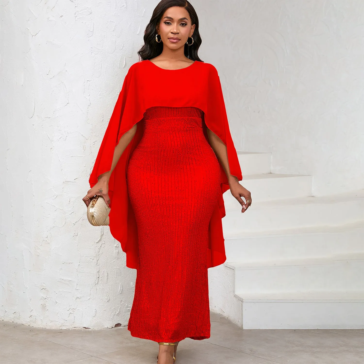 Regal Sequined Bodycon Evening Gown With Flowing Chiffon Cape