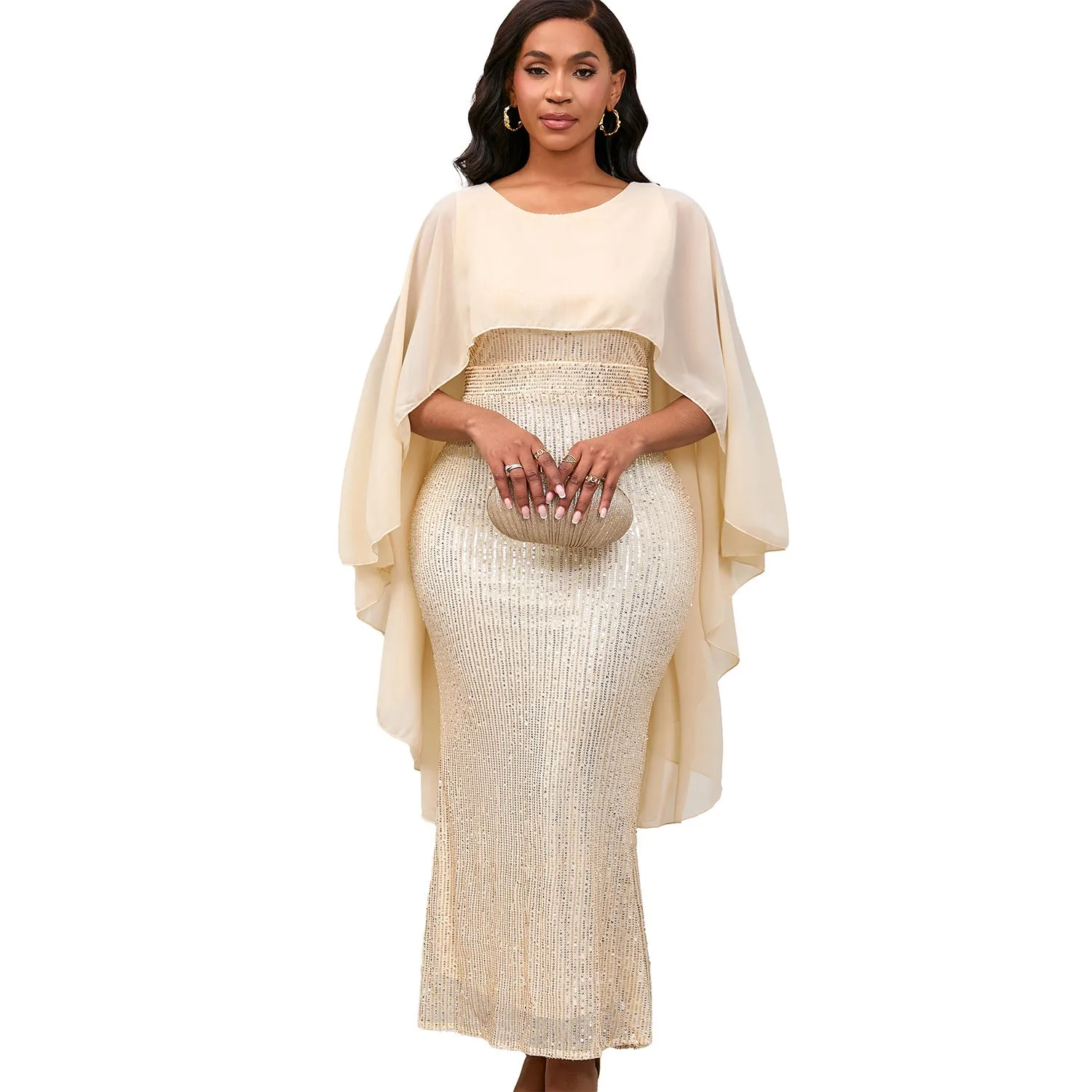 Regal Sequined Bodycon Evening Gown With Flowing Chiffon Cape