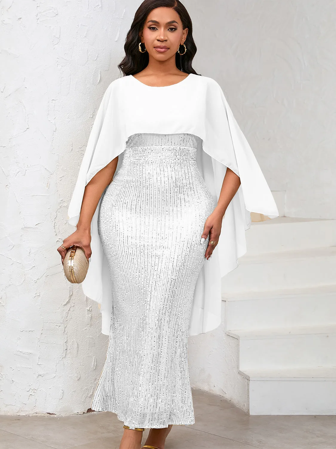 Regal Sequined Bodycon Evening Gown With Flowing Chiffon Cape