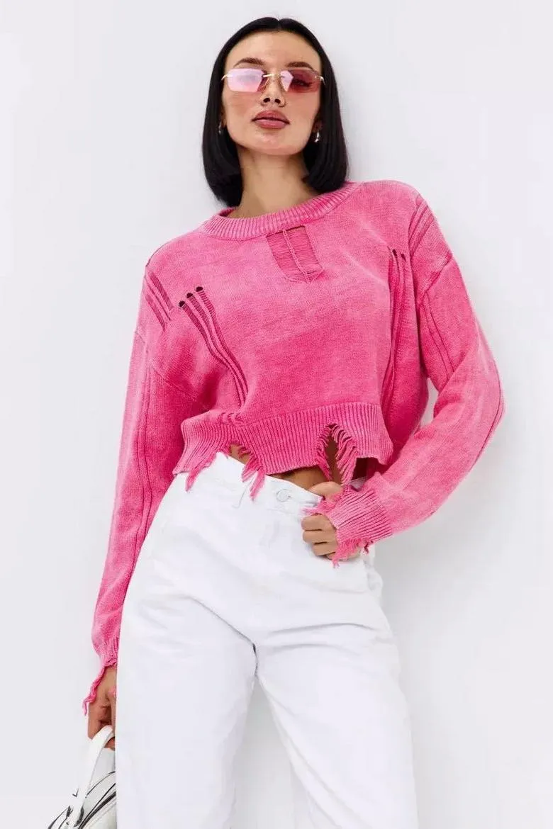 Ripped Hem Short Belly-exposed Sweater