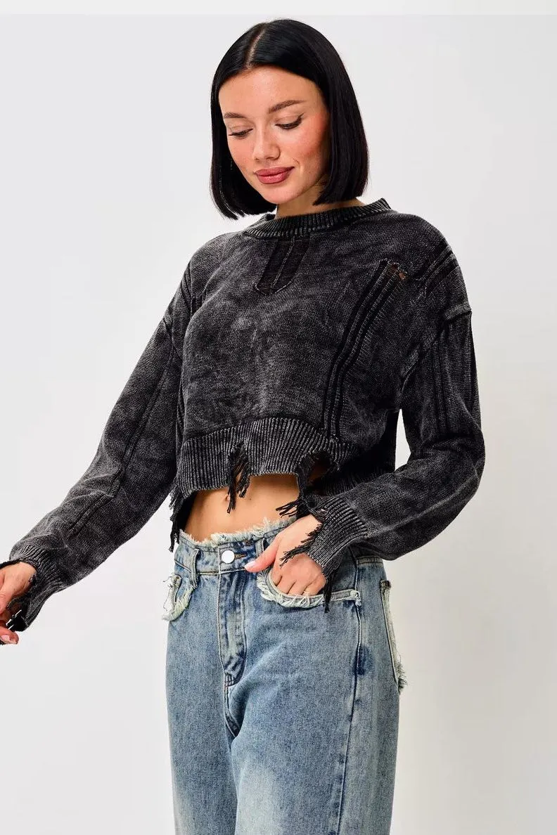 Ripped Hem Short Belly-exposed Sweater