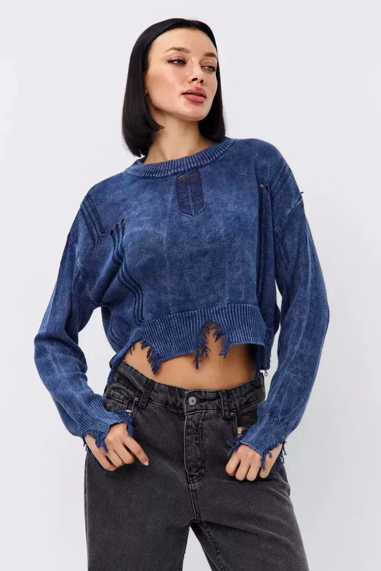 Ripped Hem Short Belly-exposed Sweater