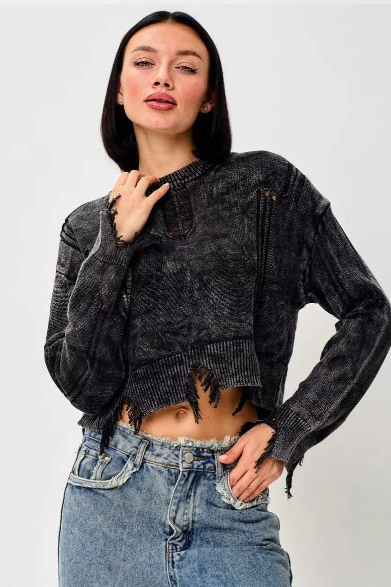 Ripped Hem Short Belly-exposed Sweater