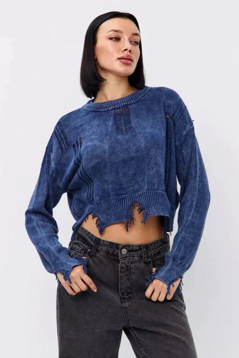 Ripped Hem Short Belly-exposed Sweater