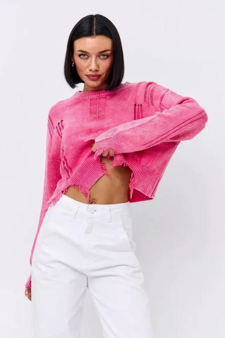 Ripped Hem Short Belly-exposed Sweater