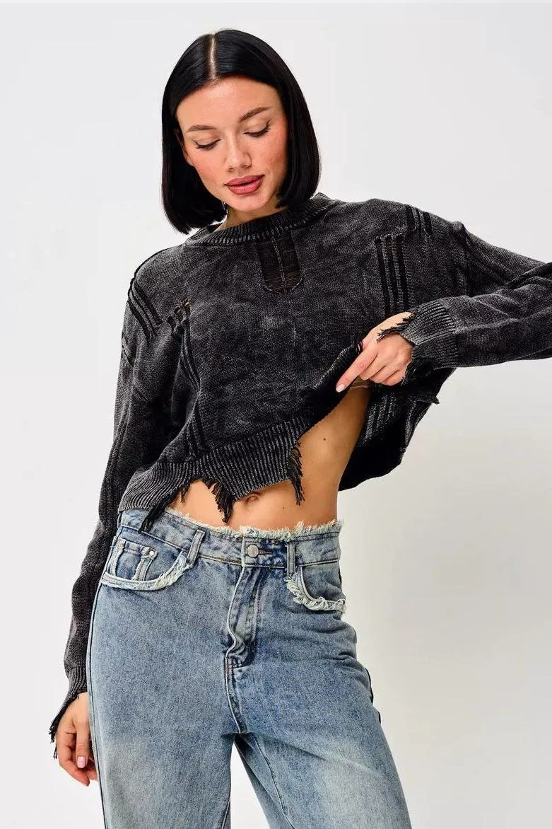Ripped Hem Short Belly-exposed Sweater