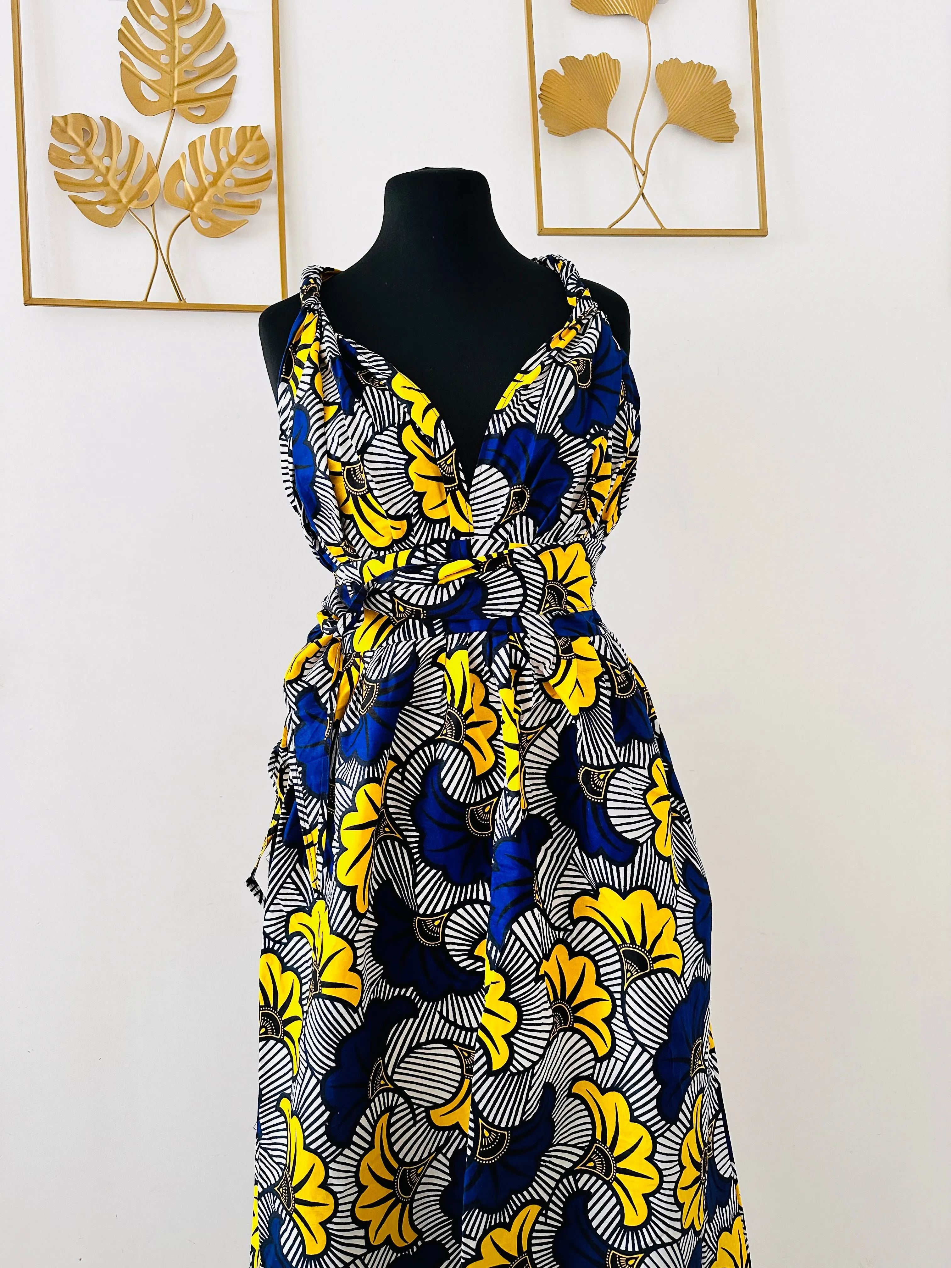 Robe Convertible en wax - Fleurs jaunes et bleues