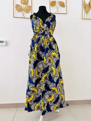 Robe Convertible en wax - Fleurs jaunes et bleues