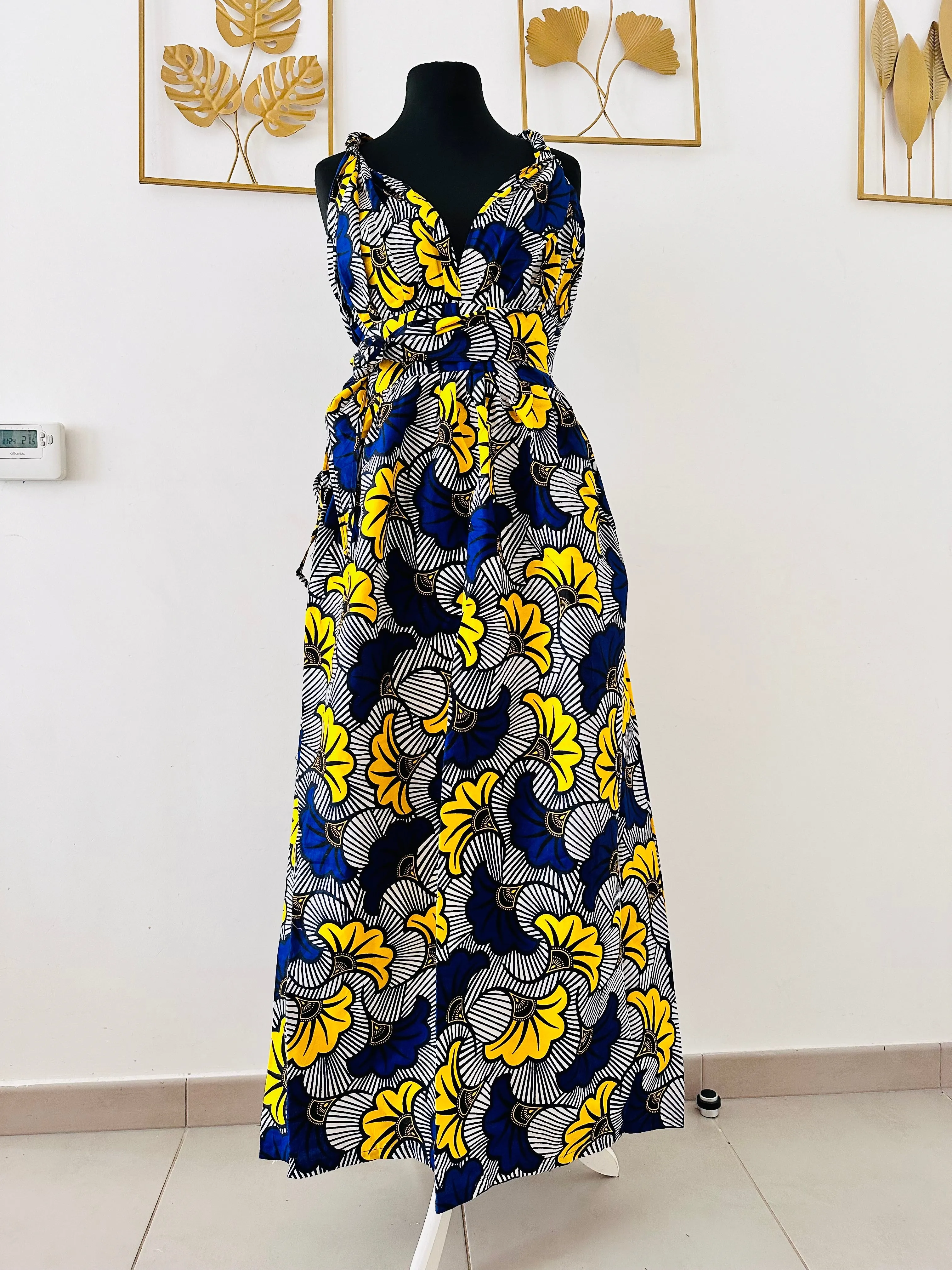 Robe Convertible en wax - Fleurs jaunes et bleues