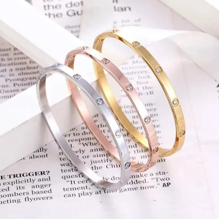Rose Gold Plated Stainless Steel & Crystal 4mm Love Bangle