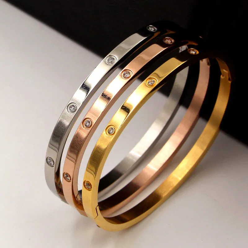 Rose Gold Plated Stainless Steel & Crystal 4mm Love Bangle