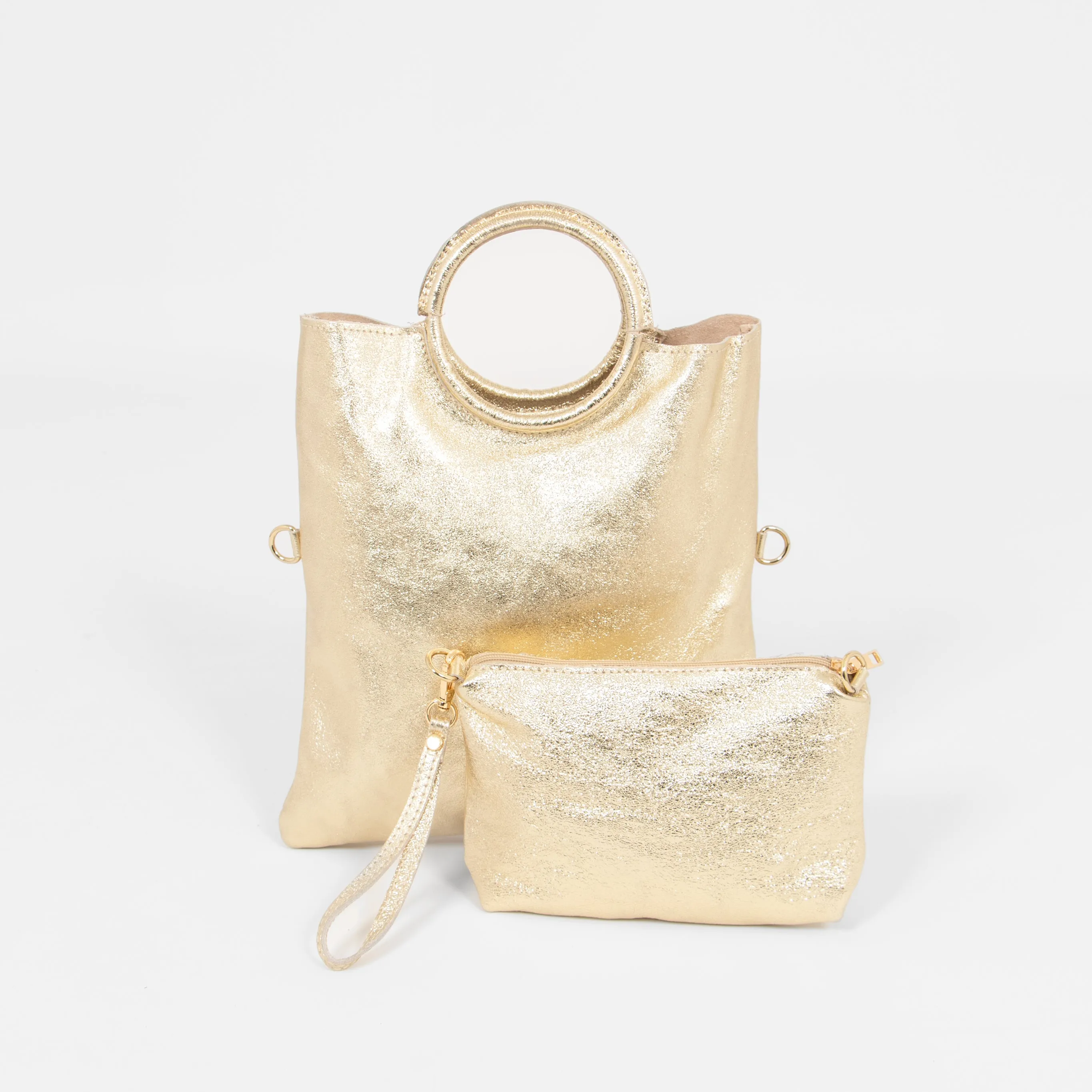 Rowan Italian Leather 2pc Crossbody Bag Set - Gold, Metallic