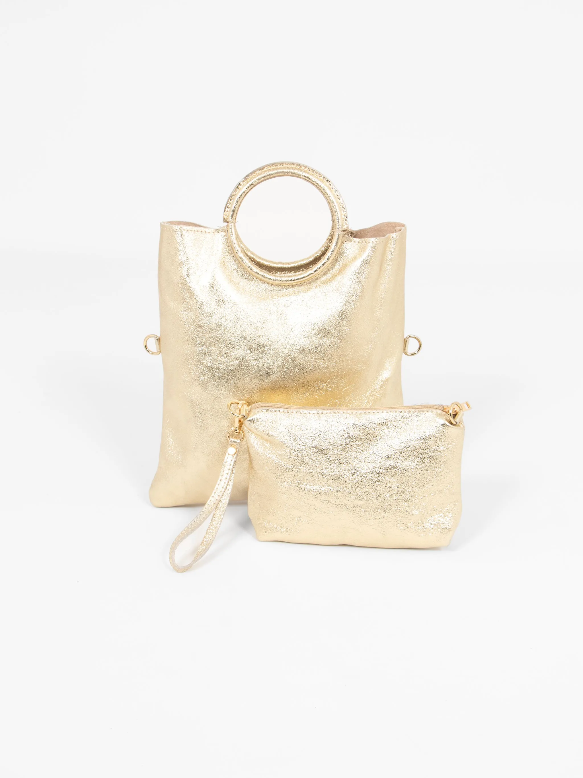 Rowan Italian Leather 2pc Crossbody Bag Set - Gold, Metallic